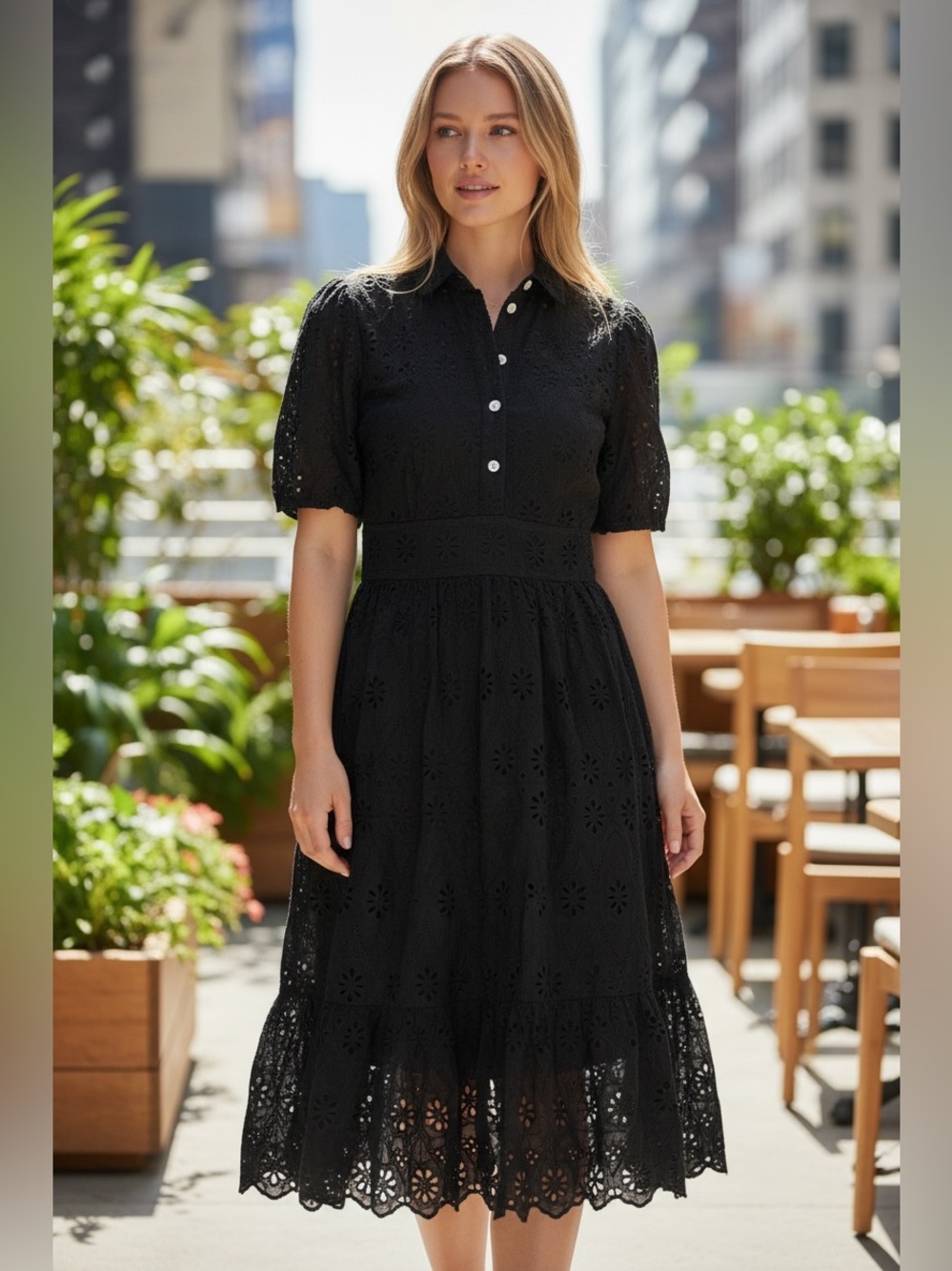 KATE SPADE Black Cotton Eyelet Polo-Collar Midi Dress